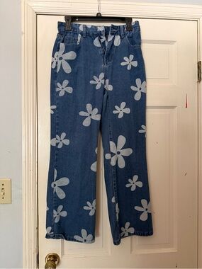Printed Blue Floral Wide-Leg Jeans